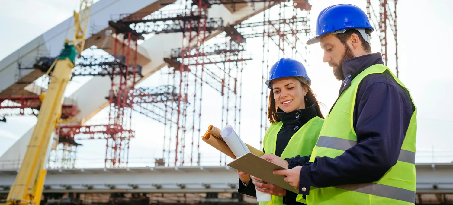 Two engineers in hard hats reviewing documents on a job site
