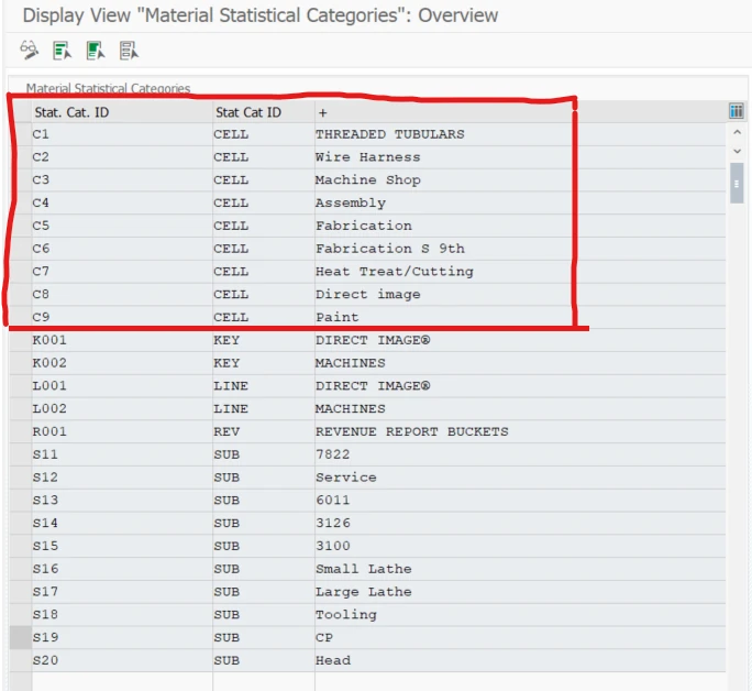 SAP table of statistical category codes and descriptions